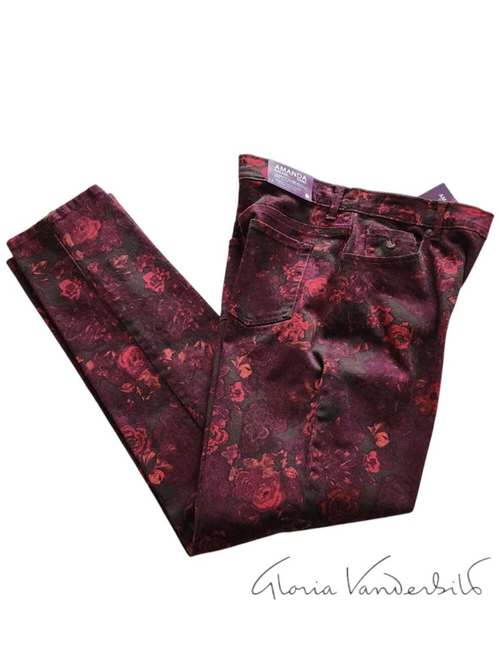 Gloria Vanderbilt NWT 12 Amanda 31" Inseam Floral Jeans Burgundy